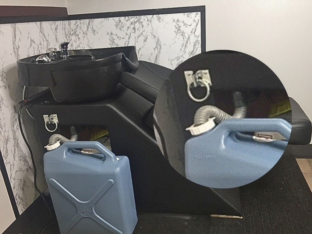 Portable shampoo bowl cabinet closed, everything hidden inside